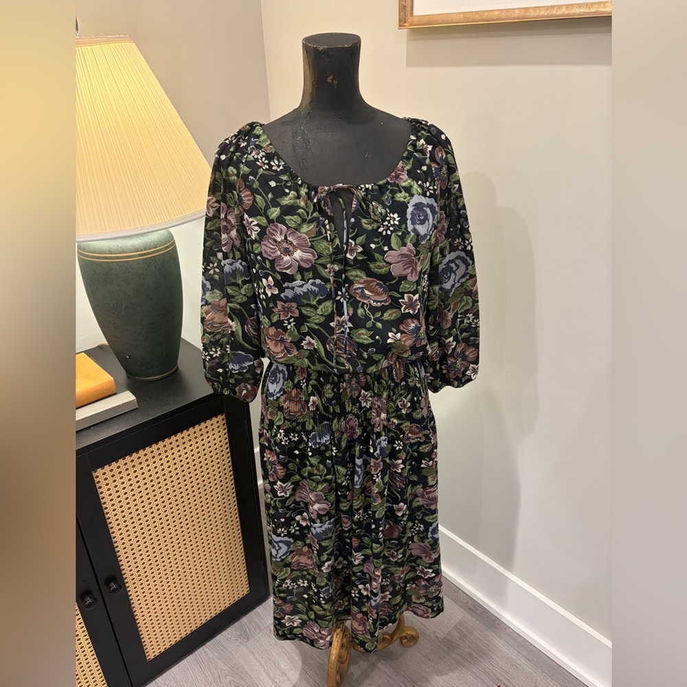 Tracy 90’s Dark Romantic Black Floral Sheer Midi Dress S/M Cottagecore FLAW